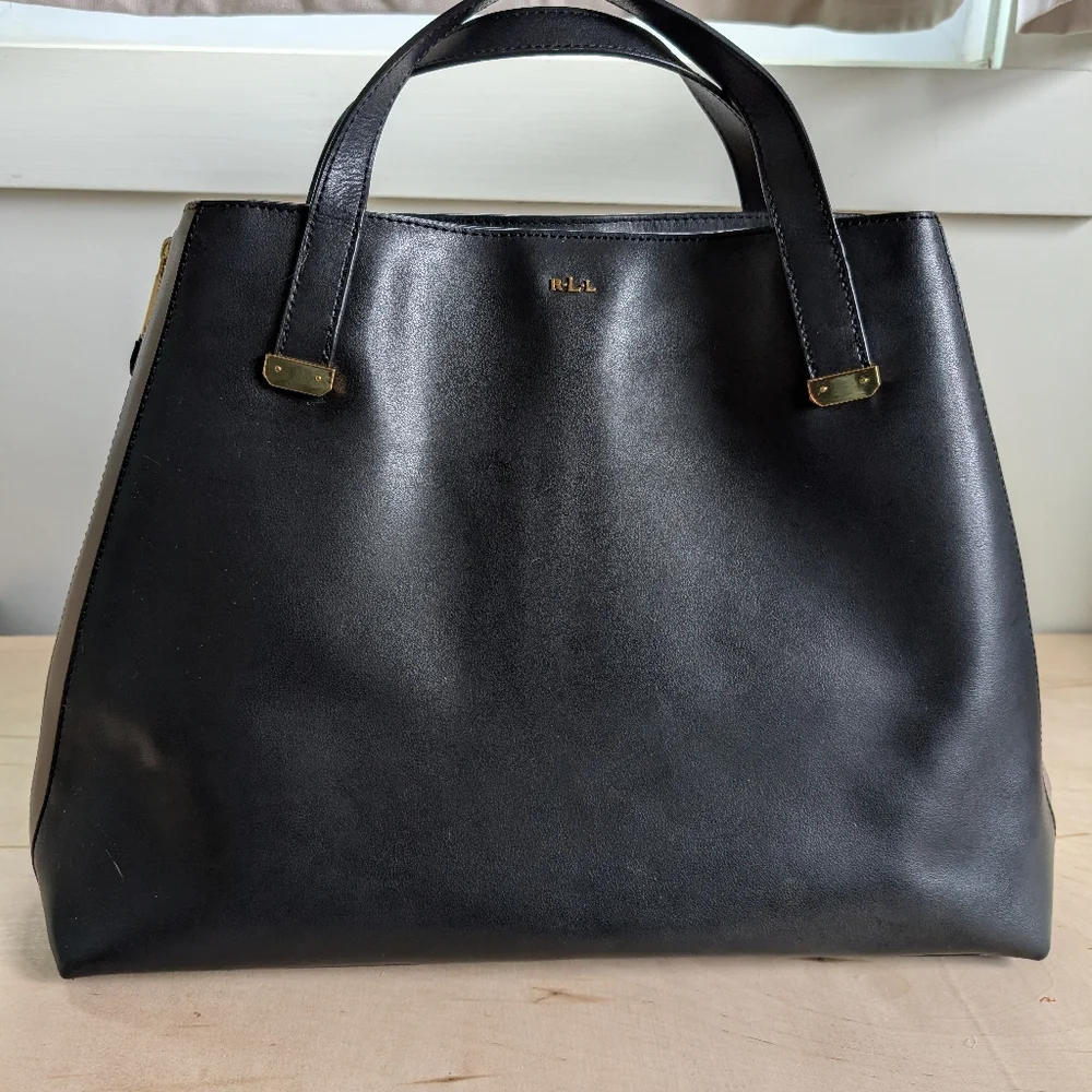 Lauren Ralph Lauren Handbag Large Tote Black And Taupe Gold Zipper And Feet - Picture 3 of 7